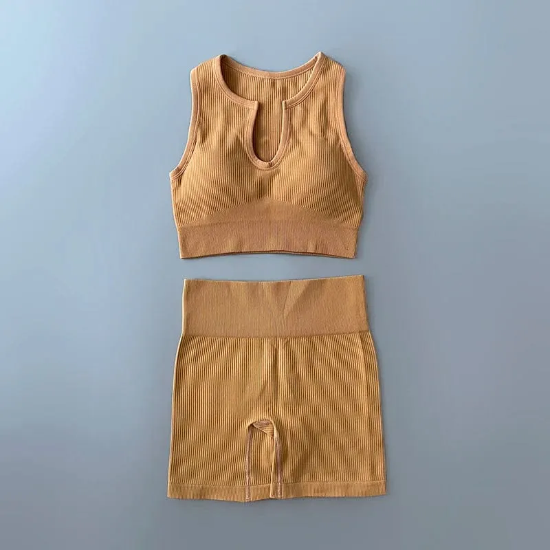 Nahtloses Yoga-Set, gerippt, Workout-Outfits für Damen, 2/4-teilig, Sport-BH, Shorts mit hoher Taille, Yoga-Leggings-Sets, Fitness-Studio-Kleidung