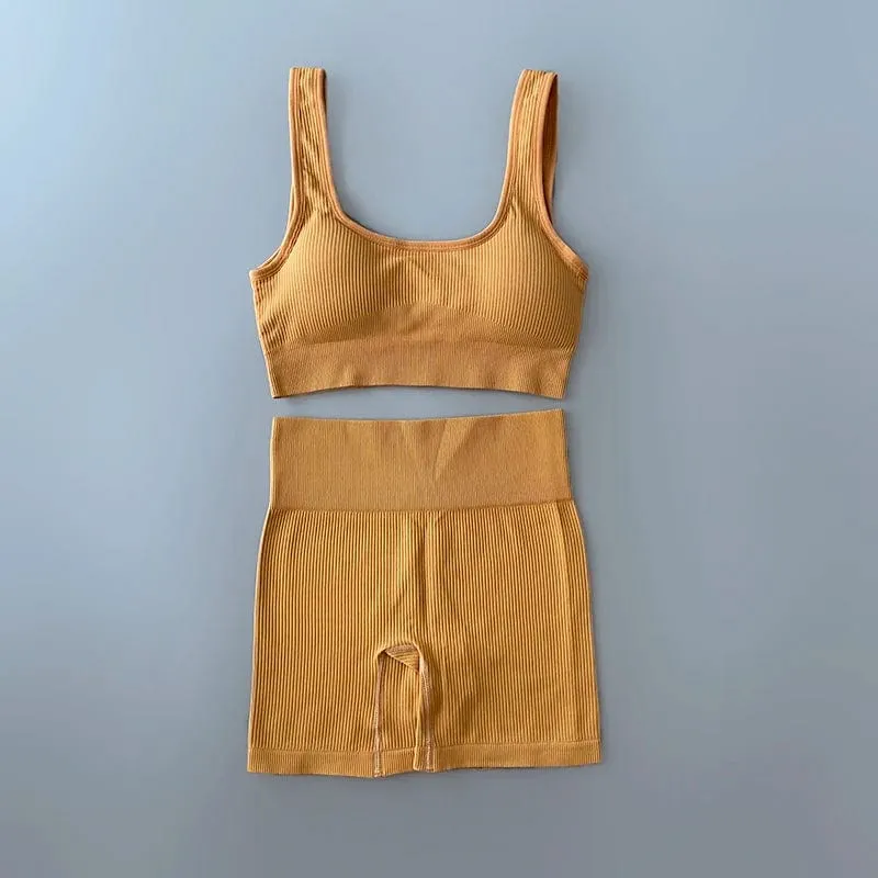 Nahtloses Yoga-Set, gerippt, Workout-Outfits für Damen, 2/4-teilig, Sport-BH, Shorts mit hoher Taille, Yoga-Leggings-Sets, Fitness-Studio-Kleidung