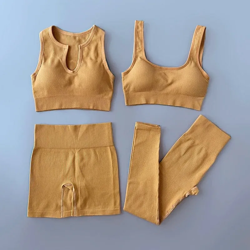 Nahtloses Yoga-Set, gerippt, Workout-Outfits für Damen, 2/4-teilig, Sport-BH, Shorts mit hoher Taille, Yoga-Leggings-Sets, Fitness-Studio-Kleidung