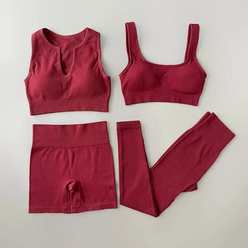 Nahtloses Yoga-Set, gerippt, Workout-Outfits für Damen, 2/4-teilig, Sport-BH, Shorts mit hoher Taille, Yoga-Leggings-Sets, Fitness-Studio-Kleidung