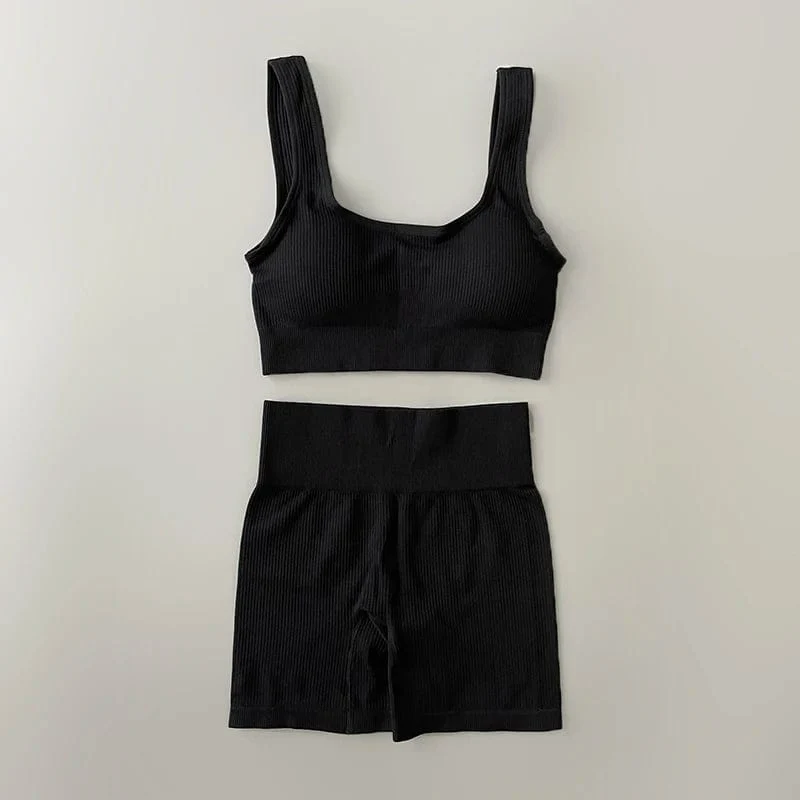 Nahtloses Yoga-Set, gerippt, Workout-Outfits für Damen, 2/4-teilig, Sport-BH, Shorts mit hoher Taille, Yoga-Leggings-Sets, Fitness-Studio-Kleidung