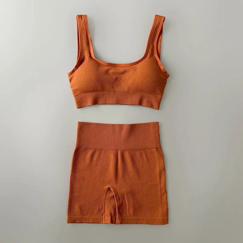 Nahtloses Yoga-Set, gerippt, Workout-Outfits für Damen, 2/4-teilig, Sport-BH, Shorts mit hoher Taille, Yoga-Leggings-Sets, Fitness-Studio-Kleidung