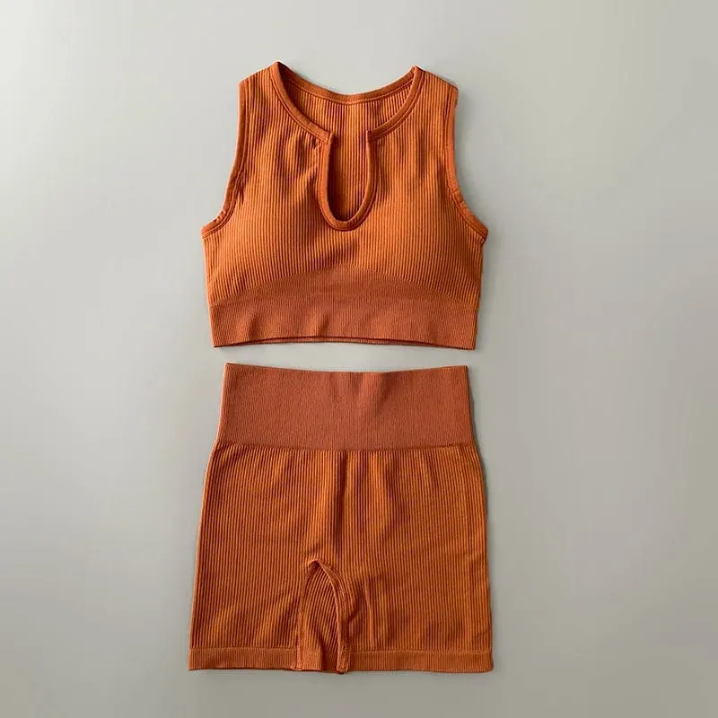 Nahtloses Yoga-Set, gerippt, Workout-Outfits für Damen, 2/4-teilig, Sport-BH, Shorts mit hoher Taille, Yoga-Leggings-Sets, Fitness-Studio-Kleidung