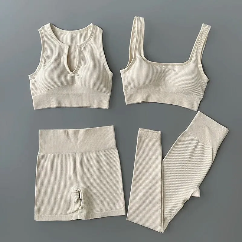 Nahtloses Yoga-Set, gerippt, Workout-Outfits für Damen, 2/4-teilig, Sport-BH, Shorts mit hoher Taille, Yoga-Leggings-Sets, Fitness-Studio-Kleidung