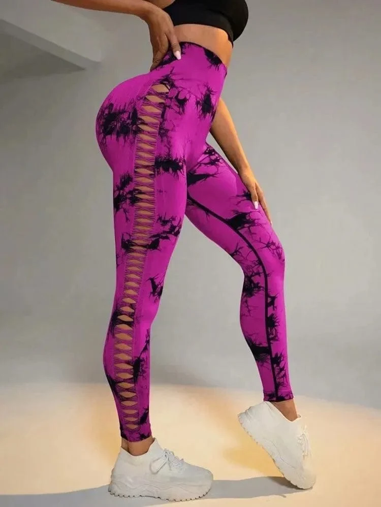 Damen Leggings mit hoher Taille, Batikmuster, aushöhlen, Sport-Yogahose, Fitness-Sportbekleidung, sexy Push-Up-Gymnastik-Strumpfhose, Lauf-Leggings