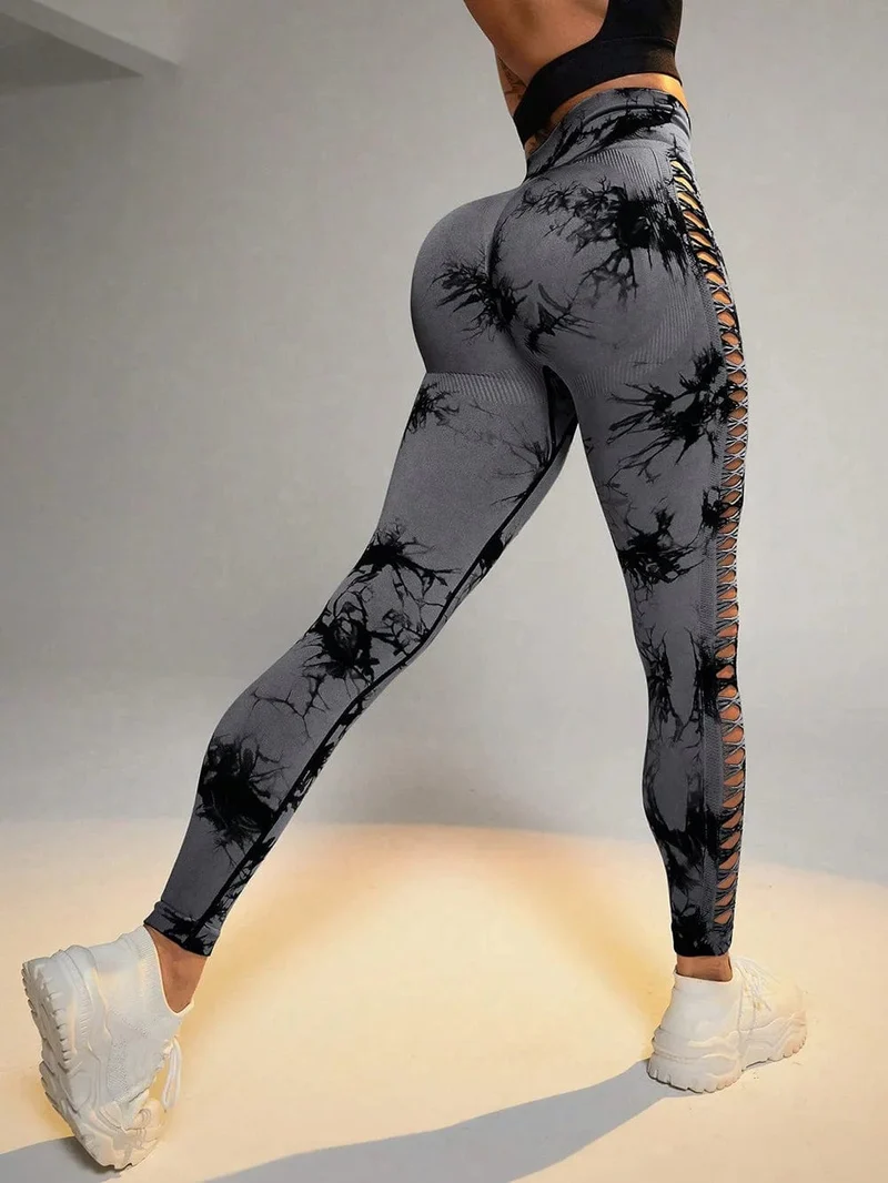 Damen Leggings mit hoher Taille, Batikmuster, aushöhlen, Sport-Yogahose, Fitness-Sportbekleidung, sexy Push-Up-Gymnastik-Strumpfhose, Lauf-Leggings