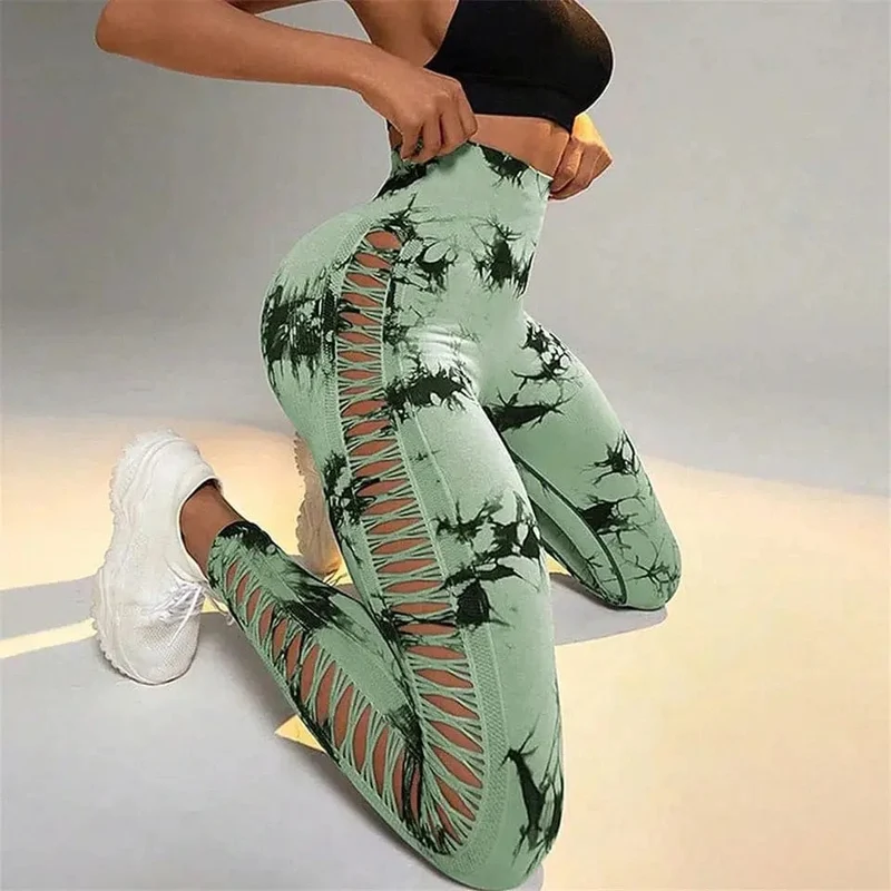 Damen Leggings mit hoher Taille, Batikmuster, aushöhlen, Sport-Yogahose, Fitness-Sportbekleidung, sexy Push-Up-Gymnastik-Strumpfhose, Lauf-Leggings
