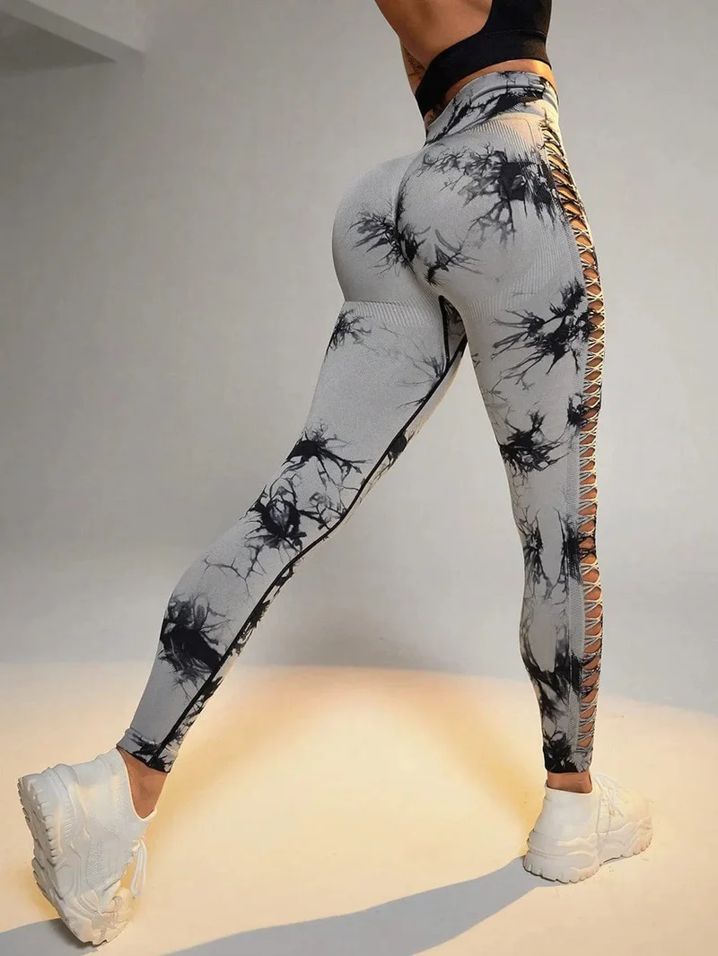 Damen Leggings mit hoher Taille, Batikmuster, aushöhlen, Sport-Yogahose, Fitness-Sportbekleidung, sexy Push-Up-Gymnastik-Strumpfhose, Lauf-Leggings