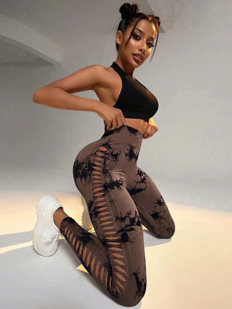 Damen Leggings mit hoher Taille, Batikmuster, aushöhlen, Sport-Yogahose, Fitness-Sportbekleidung, sexy Push-Up-Gymnastik-Strumpfhose, Lauf-Leggings