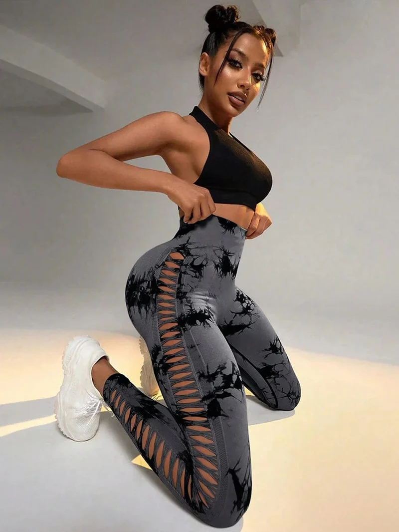 Damen Leggings mit hoher Taille, Batikmuster, aushöhlen, Sport-Yogahose, Fitness-Sportbekleidung, sexy Push-Up-Gymnastik-Strumpfhose, Lauf-Leggings