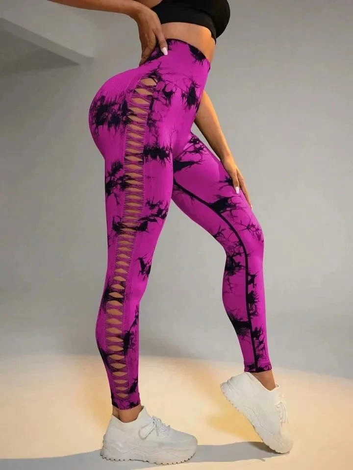 Damen Leggings mit hoher Taille, Batikmuster, aushöhlen, Sport-Yogahose, Fitness-Sportbekleidung, sexy Push-Up-Gymnastik-Strumpfhose, Lauf-Leggings