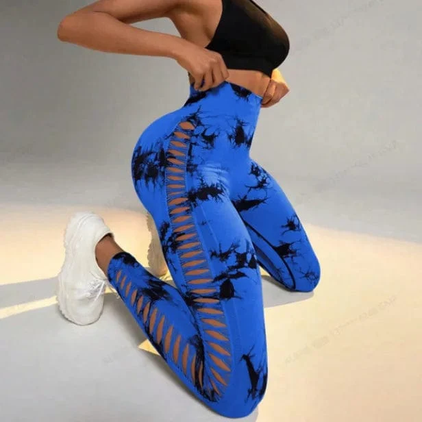 Damen Leggings mit hoher Taille, Batikmuster, aushöhlen, Sport-Yogahose, Fitness-Sportbekleidung, sexy Push-Up-Gymnastik-Strumpfhose, Lauf-Leggings