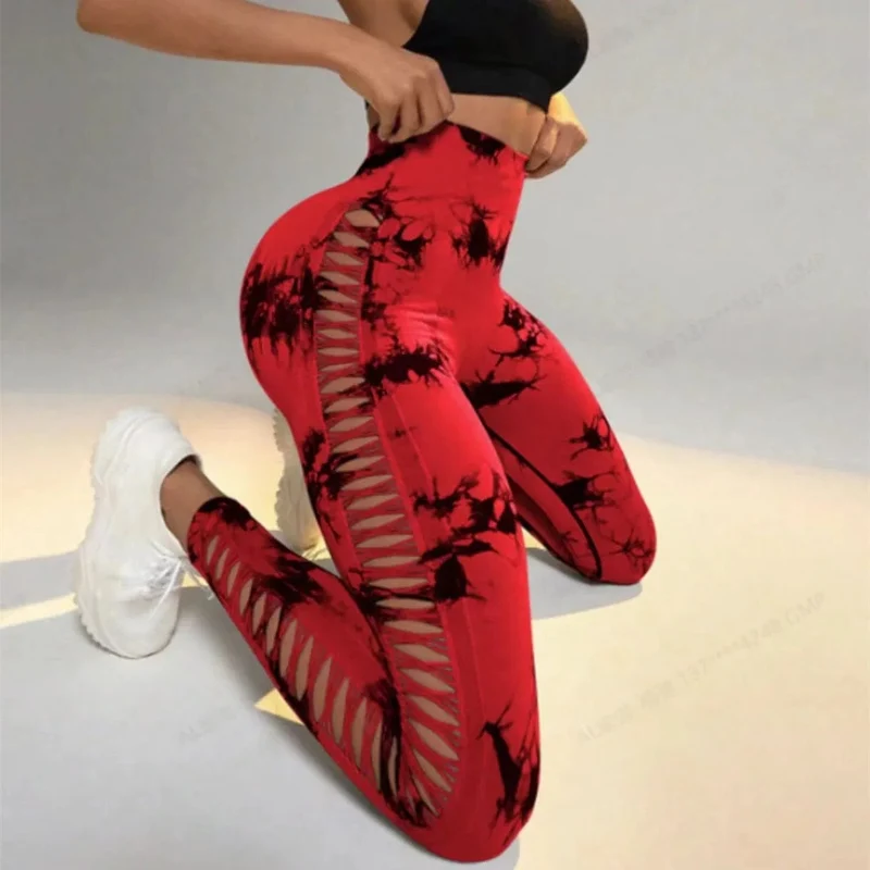 Damen Leggings mit hoher Taille, Batikmuster, aushöhlen, Sport-Yogahose, Fitness-Sportbekleidung, sexy Push-Up-Gymnastik-Strumpfhose, Lauf-Leggings