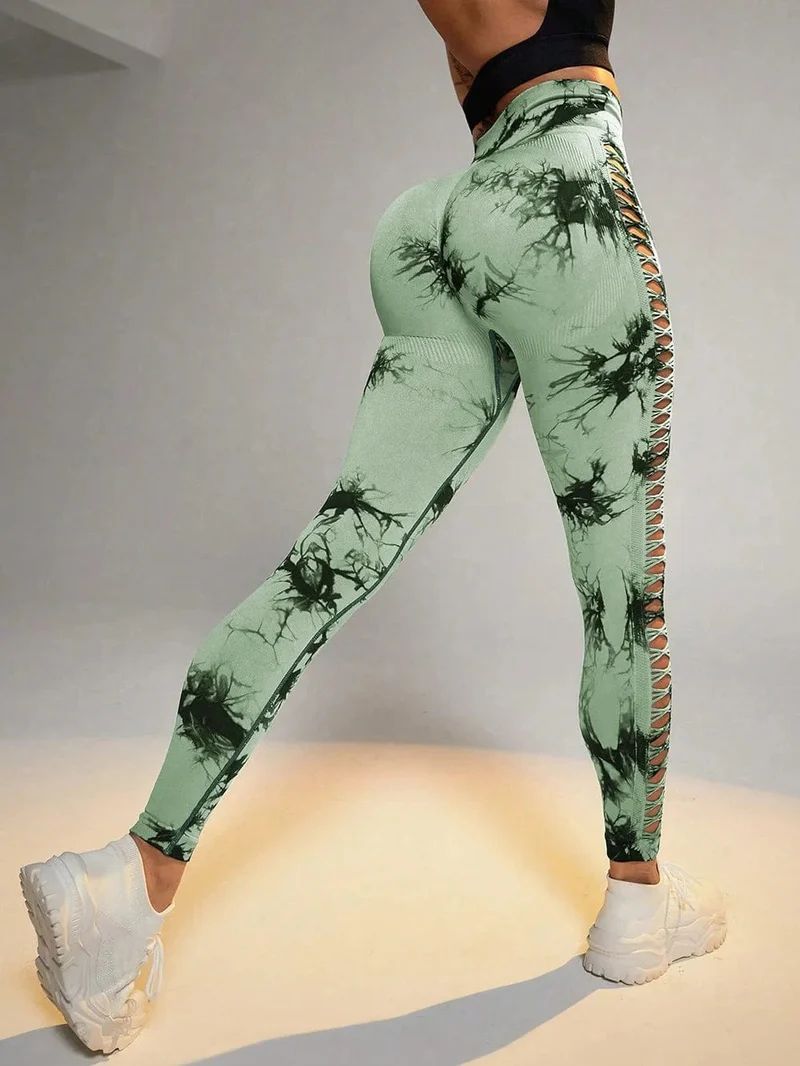 Damen Leggings mit hoher Taille, Batikmuster, aushöhlen, Sport-Yogahose, Fitness-Sportbekleidung, sexy Push-Up-Gymnastik-Strumpfhose, Lauf-Leggings