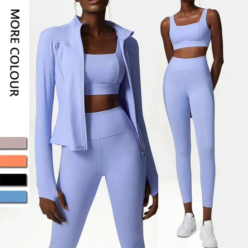 3-teiliges Fitness-Yoga-Set für Damen, Workout-Sportbekleidung, Langarmshirt, Gym-BHs, Leggings mit hoher Taille, Strumpfhose, passende Sportbekleidung