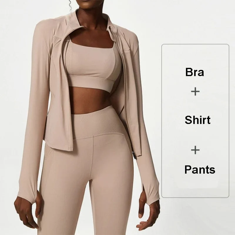 3-teiliges Fitness-Yoga-Set für Damen, Workout-Sportbekleidung, Langarmshirt, Gym-BHs, Leggings mit hoher Taille, Strumpfhose, passende Sportbekleidung