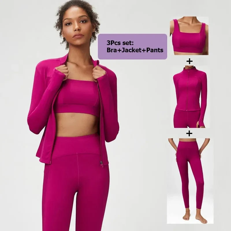 3-teiliges Fitness-Yoga-Set für Damen, Workout-Sportbekleidung, Langarmshirt, Gym-BHs, Leggings mit hoher Taille, Strumpfhose, passende Sportbekleidung