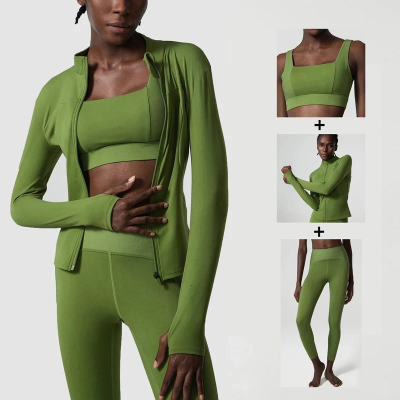 3-teiliges Fitness-Yoga-Set für Damen, Workout-Sportbekleidung, Langarmshirt, Gym-BHs, Leggings mit hoher Taille, Strumpfhose, passende Sportbekleidung
