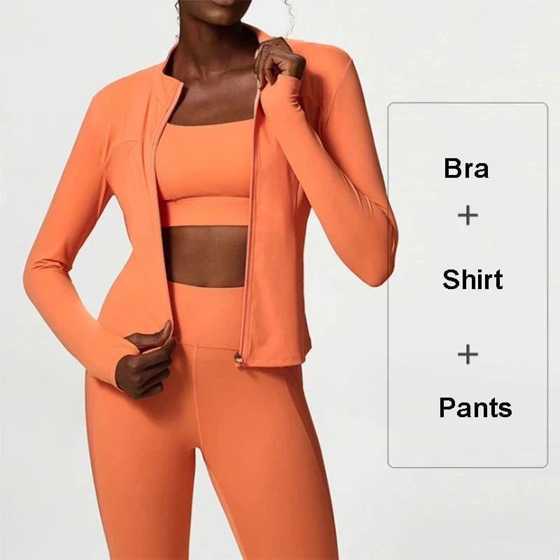 3-teiliges Fitness-Yoga-Set für Damen, Workout-Sportbekleidung, Langarmshirt, Gym-BHs, Leggings mit hoher Taille, Strumpfhose, passende Sportbekleidung