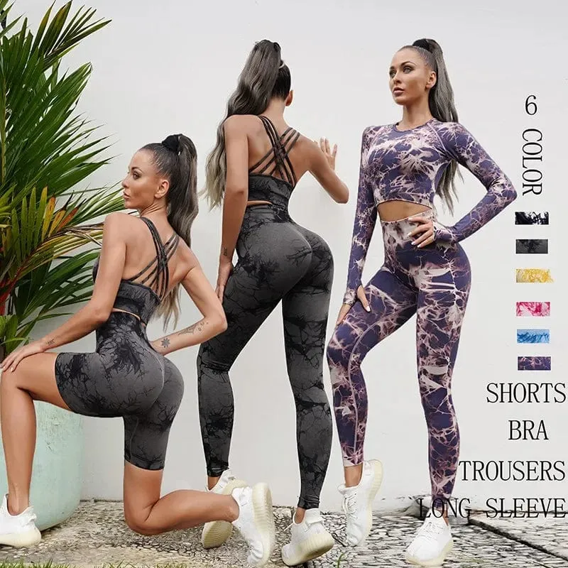 Nahtlose Yoga-Sets mit Batikmuster, Sport-Fitness, hohe Taille, Hüfthose, Cutout-BH-Anzug, Trainingskleidung, Fitnessstudio-Leggings-Set für Damen
