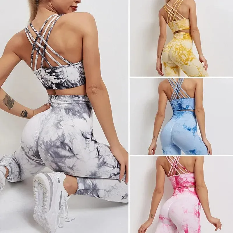 Nahtlose Yoga-Sets mit Batikmuster, Sport-Fitness, hohe Taille, Hüfthose, Cutout-BH-Anzug, Trainingskleidung, Fitnessstudio-Leggings-Set für Damen