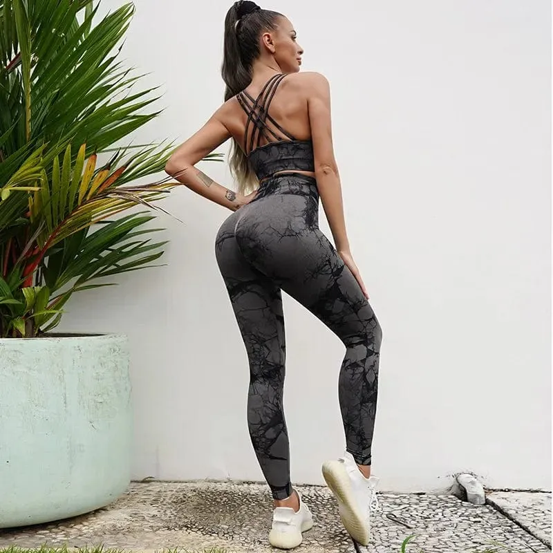 Nahtlose Yoga-Sets mit Batikmuster, Sport-Fitness, hohe Taille, Hüfthose, Cutout-BH-Anzug, Trainingskleidung, Fitnessstudio-Leggings-Set für Damen