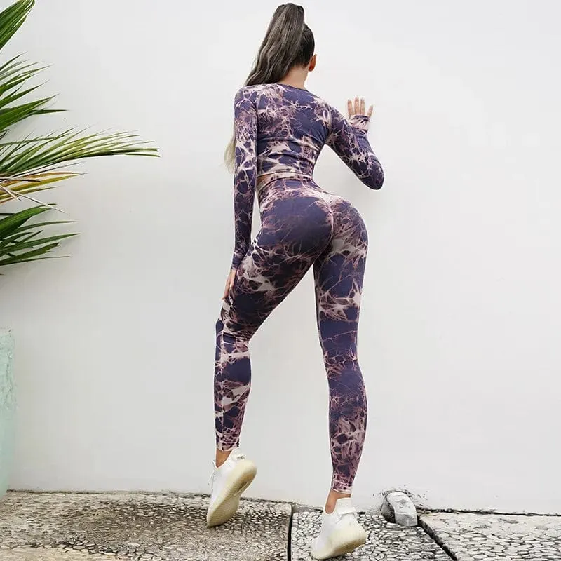 Nahtlose Yoga-Sets mit Batikmuster, Sport-Fitness, hohe Taille, Hüfthose, Cutout-BH-Anzug, Trainingskleidung, Fitnessstudio-Leggings-Set für Damen