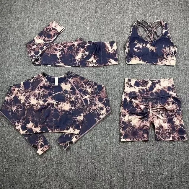 Nahtlose Yoga-Sets mit Batikmuster, Sport-Fitness, hohe Taille, Hüfthose, Cutout-BH-Anzug, Trainingskleidung, Fitnessstudio-Leggings-Set für Damen