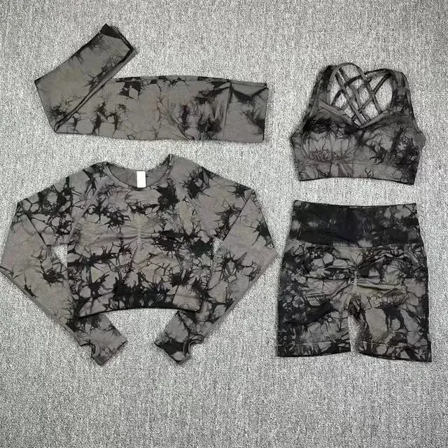 Nahtlose Yoga-Sets mit Batikmuster, Sport-Fitness, hohe Taille, Hüfthose, Cutout-BH-Anzug, Trainingskleidung, Fitnessstudio-Leggings-Set für Damen