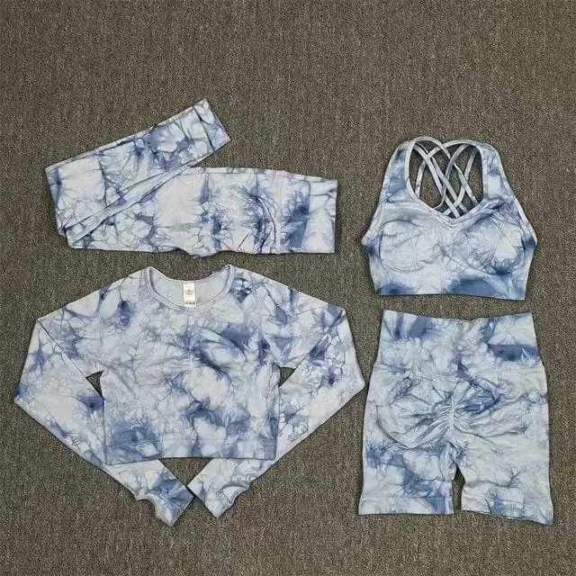 Nahtlose Yoga-Sets mit Batikmuster, Sport-Fitness, hohe Taille, Hüfthose, Cutout-BH-Anzug, Trainingskleidung, Fitnessstudio-Leggings-Set für Damen
