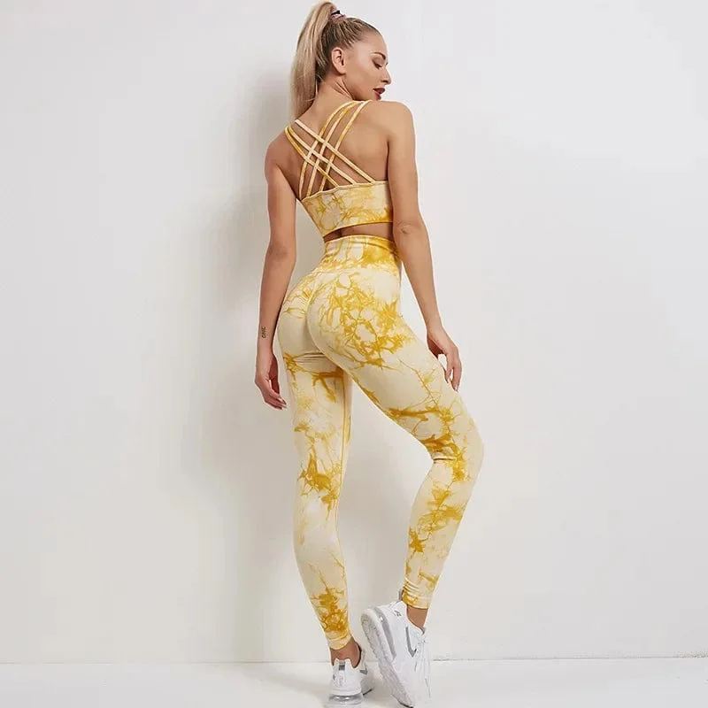 Nahtlose Yoga-Sets mit Batikmuster, Sport-Fitness, hohe Taille, Hüfthose, Cutout-BH-Anzug, Trainingskleidung, Fitnessstudio-Leggings-Set für Damen