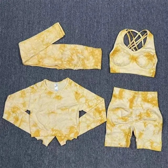 Nahtlose Yoga-Sets mit Batikmuster, Sport-Fitness, hohe Taille, Hüfthose, Cutout-BH-Anzug, Trainingskleidung, Fitnessstudio-Leggings-Set für Damen