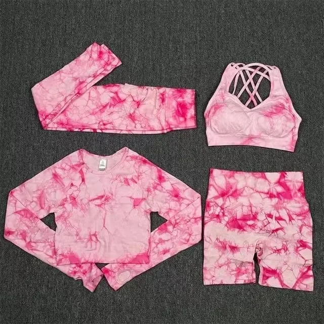 Nahtlose Yoga-Sets mit Batikmuster, Sport-Fitness, hohe Taille, Hüfthose, Cutout-BH-Anzug, Trainingskleidung, Fitnessstudio-Leggings-Set für Damen
