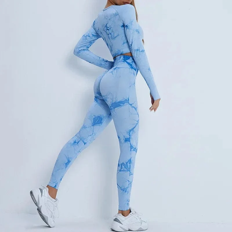 Nahtlose Yoga-Sets mit Batikmuster, Sport-Fitness, hohe Taille, Hüfthose, Cutout-BH-Anzug, Trainingskleidung, Fitnessstudio-Leggings-Set für Damen