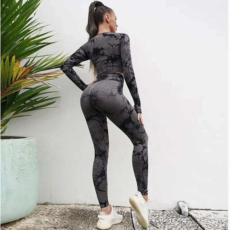 Nahtlose Yoga-Sets mit Batikmuster, Sport-Fitness, hohe Taille, Hüfthose, Cutout-BH-Anzug, Trainingskleidung, Fitnessstudio-Leggings-Set für Damen