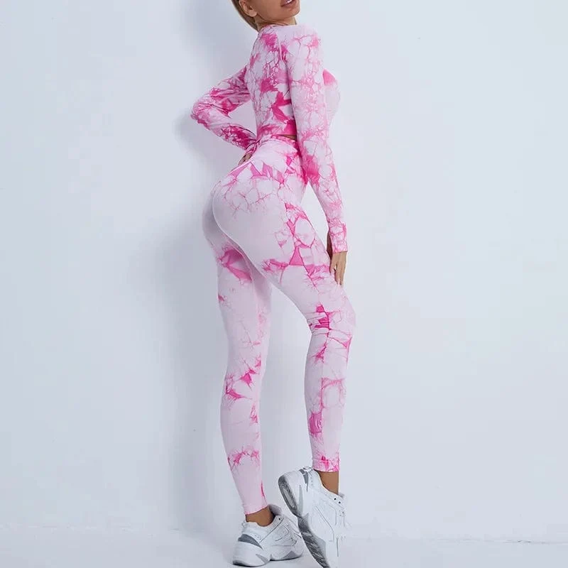 Nahtlose Yoga-Sets mit Batikmuster, Sport-Fitness, hohe Taille, Hüfthose, Cutout-BH-Anzug, Trainingskleidung, Fitnessstudio-Leggings-Set für Damen