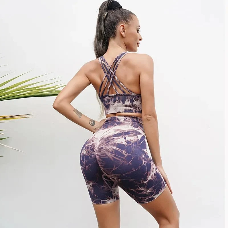 Nahtlose Yoga-Sets mit Batikmuster, Sport-Fitness, hohe Taille, Hüfthose, Cutout-BH-Anzug, Trainingskleidung, Fitnessstudio-Leggings-Set für Damen