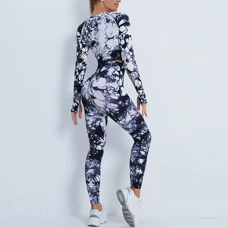 Nahtlose Yoga-Sets mit Batikmuster, Sport-Fitness, hohe Taille, Hüfthose, Cutout-BH-Anzug, Trainingskleidung, Fitnessstudio-Leggings-Set für Damen