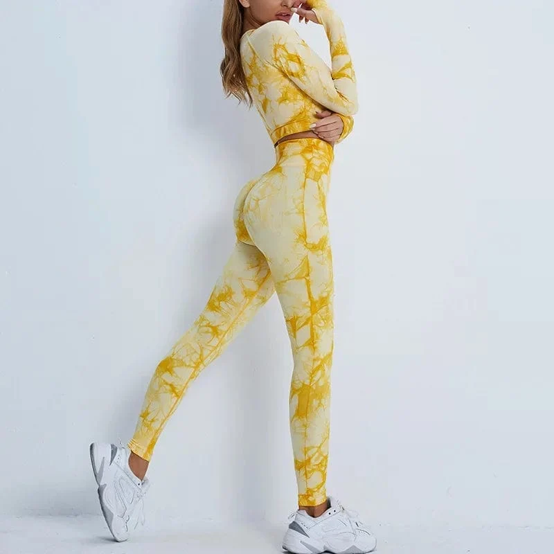 Nahtlose Yoga-Sets mit Batikmuster, Sport-Fitness, hohe Taille, Hüfthose, Cutout-BH-Anzug, Trainingskleidung, Fitnessstudio-Leggings-Set für Damen