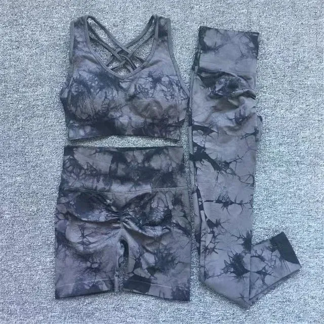 Nahtlose Yoga-Sets mit Batikmuster, Sport-Fitness, hohe Taille, Hüfthose, Cutout-BH-Anzug, Trainingskleidung, Fitnessstudio-Leggings-Set für Damen