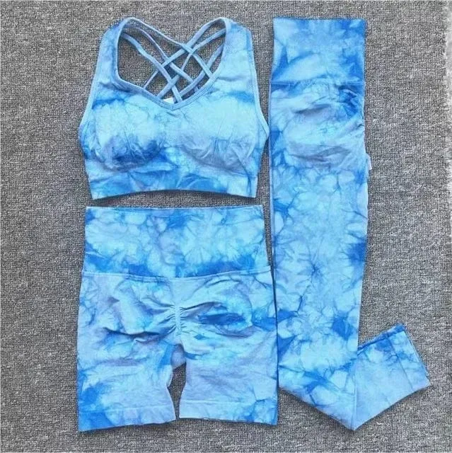 Nahtlose Yoga-Sets mit Batikmuster, Sport-Fitness, hohe Taille, Hüfthose, Cutout-BH-Anzug, Trainingskleidung, Fitnessstudio-Leggings-Set für Damen