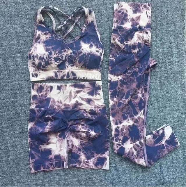 Nahtlose Yoga-Sets mit Batikmuster, Sport-Fitness, hohe Taille, Hüfthose, Cutout-BH-Anzug, Trainingskleidung, Fitnessstudio-Leggings-Set für Damen