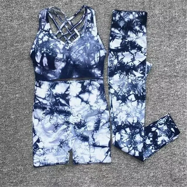 Nahtlose Yoga-Sets mit Batikmuster, Sport-Fitness, hohe Taille, Hüfthose, Cutout-BH-Anzug, Trainingskleidung, Fitnessstudio-Leggings-Set für Damen