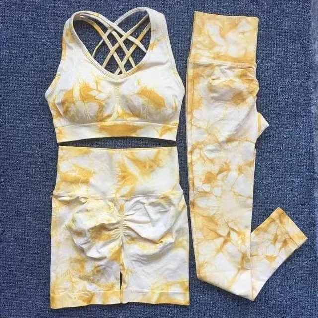 Nahtlose Yoga-Sets mit Batikmuster, Sport-Fitness, hohe Taille, Hüfthose, Cutout-BH-Anzug, Trainingskleidung, Fitnessstudio-Leggings-Set für Damen