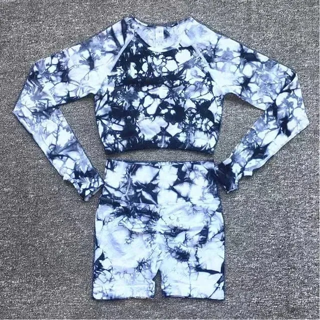 Nahtlose Yoga-Sets mit Batikmuster, Sport-Fitness, hohe Taille, Hüfthose, Cutout-BH-Anzug, Trainingskleidung, Fitnessstudio-Leggings-Set für Damen