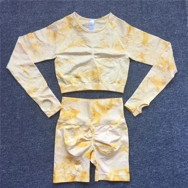 Nahtlose Yoga-Sets mit Batikmuster, Sport-Fitness, hohe Taille, Hüfthose, Cutout-BH-Anzug, Trainingskleidung, Fitnessstudio-Leggings-Set für Damen
