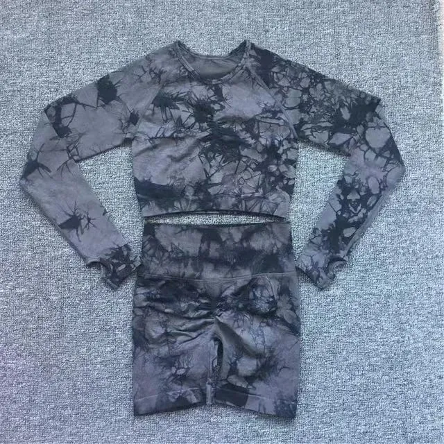 Nahtlose Yoga-Sets mit Batikmuster, Sport-Fitness, hohe Taille, Hüfthose, Cutout-BH-Anzug, Trainingskleidung, Fitnessstudio-Leggings-Set für Damen