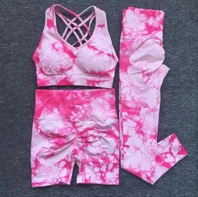 Nahtlose Yoga-Sets mit Batikmuster, Sport-Fitness, hohe Taille, Hüfthose, Cutout-BH-Anzug, Trainingskleidung, Fitnessstudio-Leggings-Set für Damen