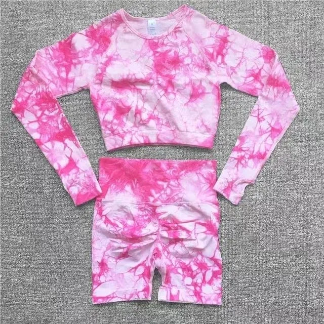 Nahtlose Yoga-Sets mit Batikmuster, Sport-Fitness, hohe Taille, Hüfthose, Cutout-BH-Anzug, Trainingskleidung, Fitnessstudio-Leggings-Set für Damen