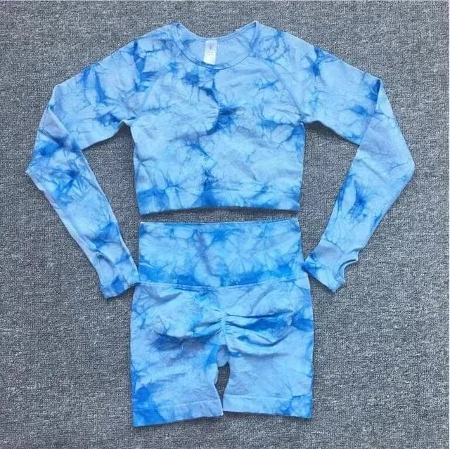 Nahtlose Yoga-Sets mit Batikmuster, Sport-Fitness, hohe Taille, Hüfthose, Cutout-BH-Anzug, Trainingskleidung, Fitnessstudio-Leggings-Set für Damen